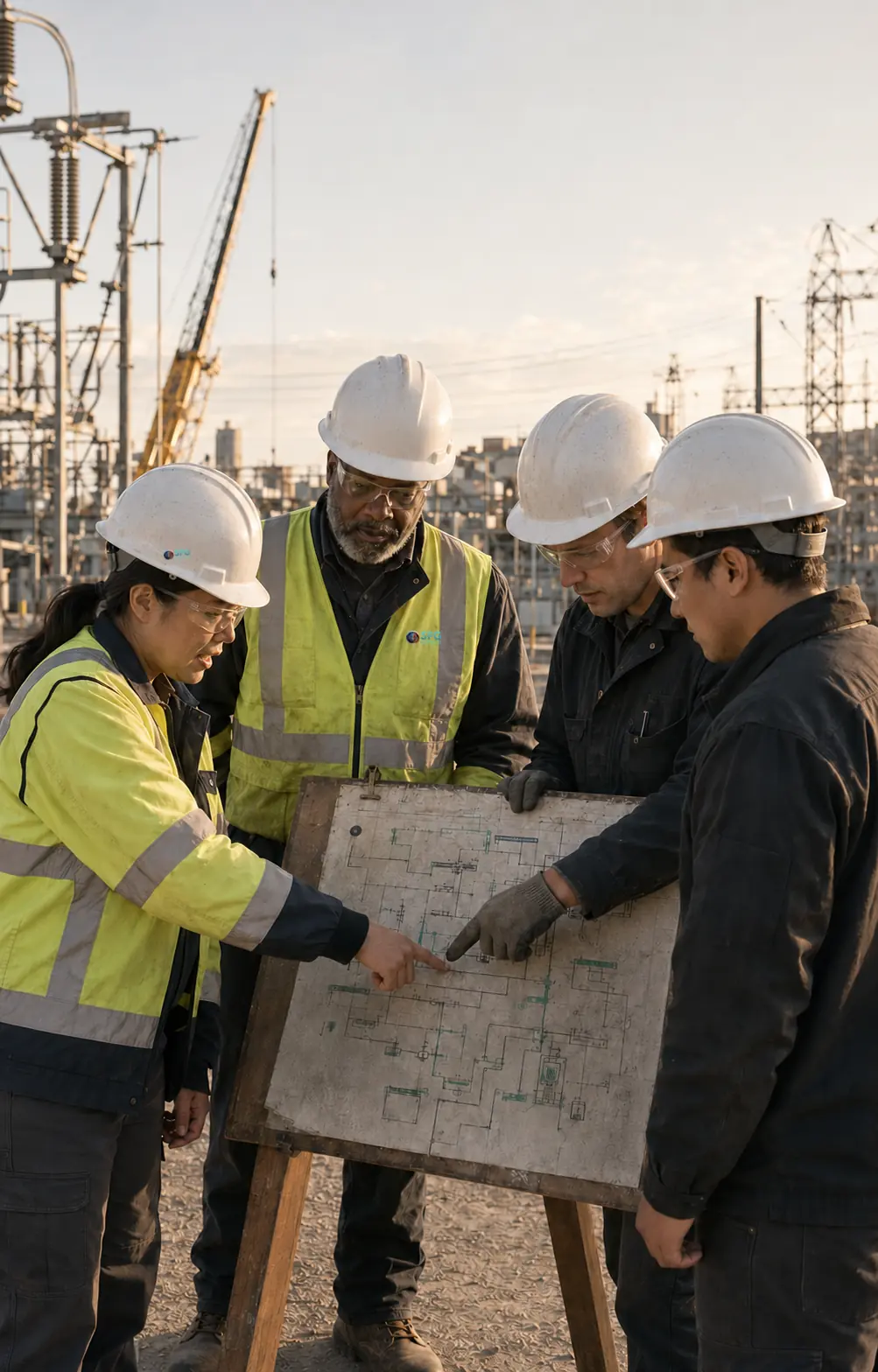 SFG facilitators and client operators reviewing a physical process map at an infrastructure site